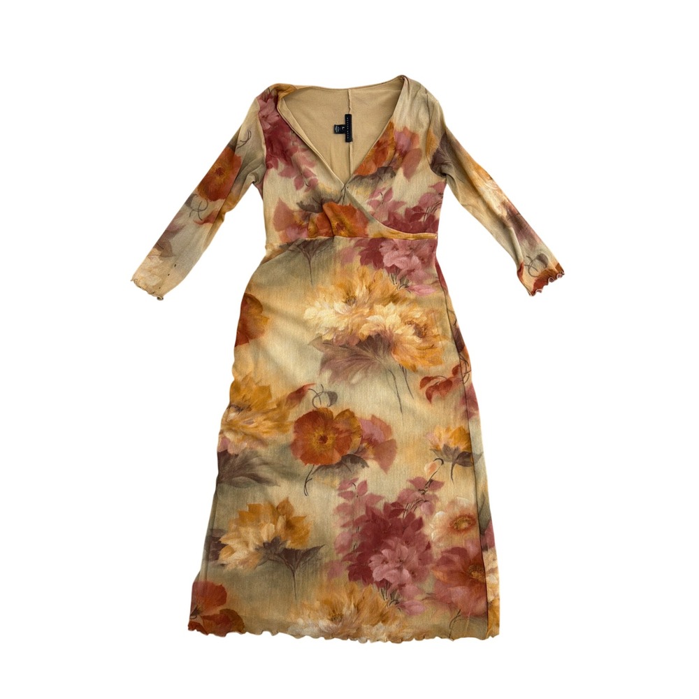 Weston Wear Floral Mesh Maxi Dress Orange Burgundy Long Sleeve V-Neck Large